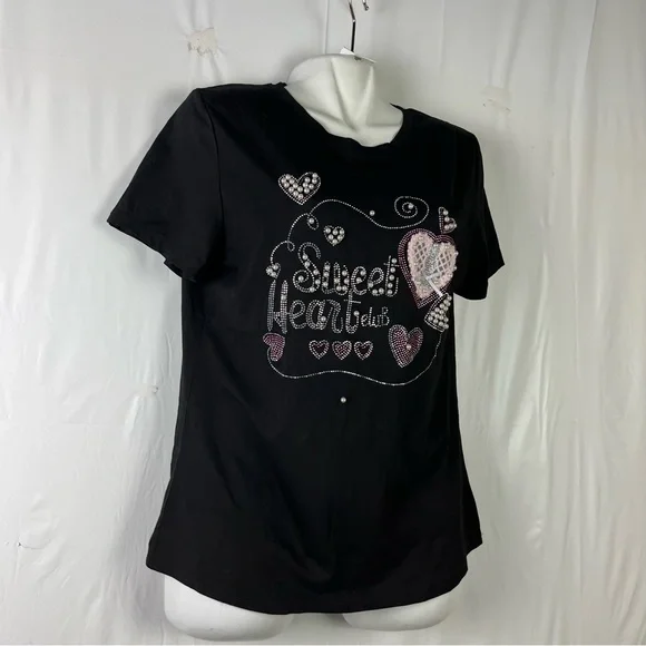 Women's Rhinestone Fitted short sleeve stretch black blouse size large - Picture 5 of 11